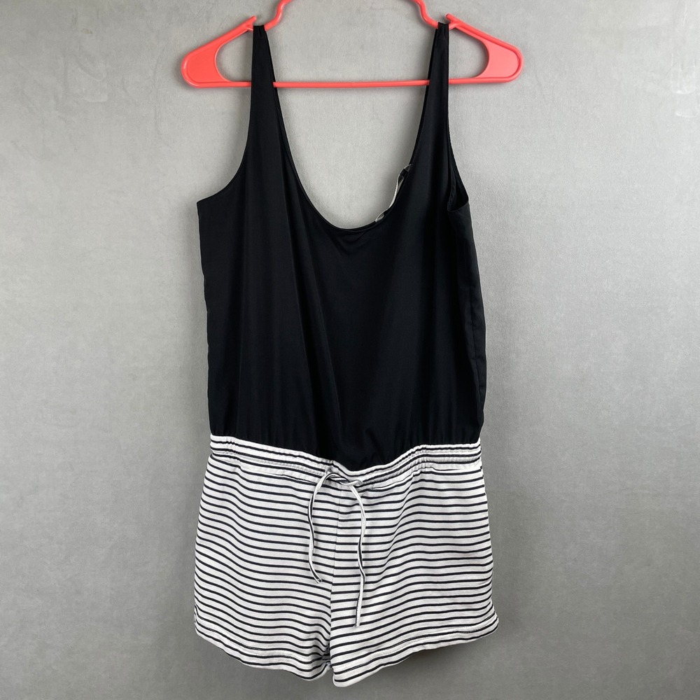 Zara Trafaluc Black Striped Sleeveless Romper Scoop Neck Nautical Beach Shorts M